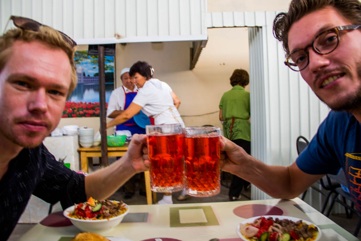 Excellent local food: samsa, plov and we cheer with kampot