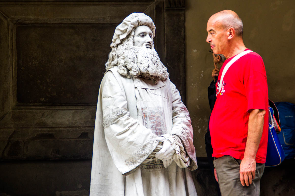 Man to statue: "how are you?"